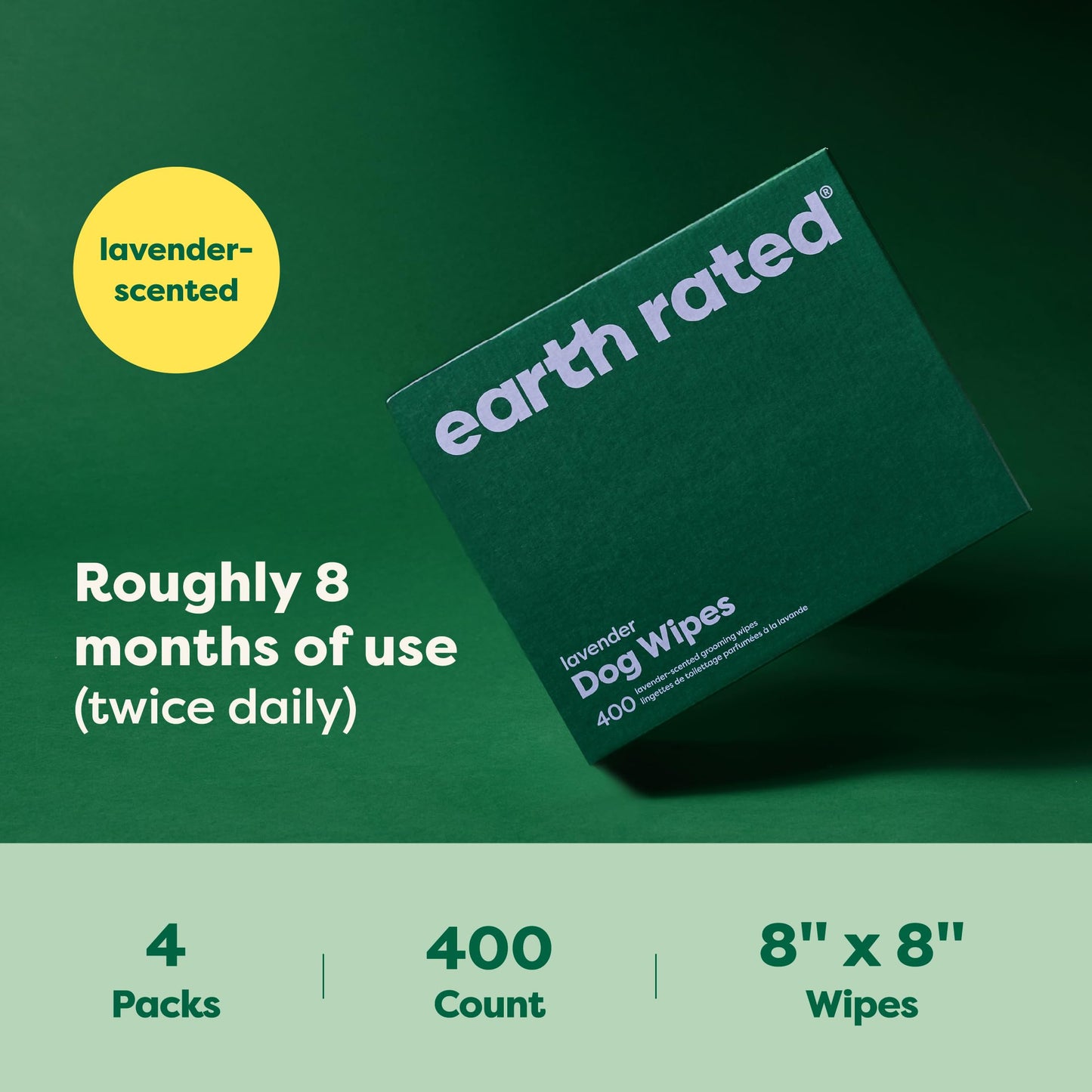 Earth Rated Dog Wipes, Hypoallergenic, Cleaning and Hydrating, for Grooming Paws, Body and Butt, Lavender Scented, 400 Count