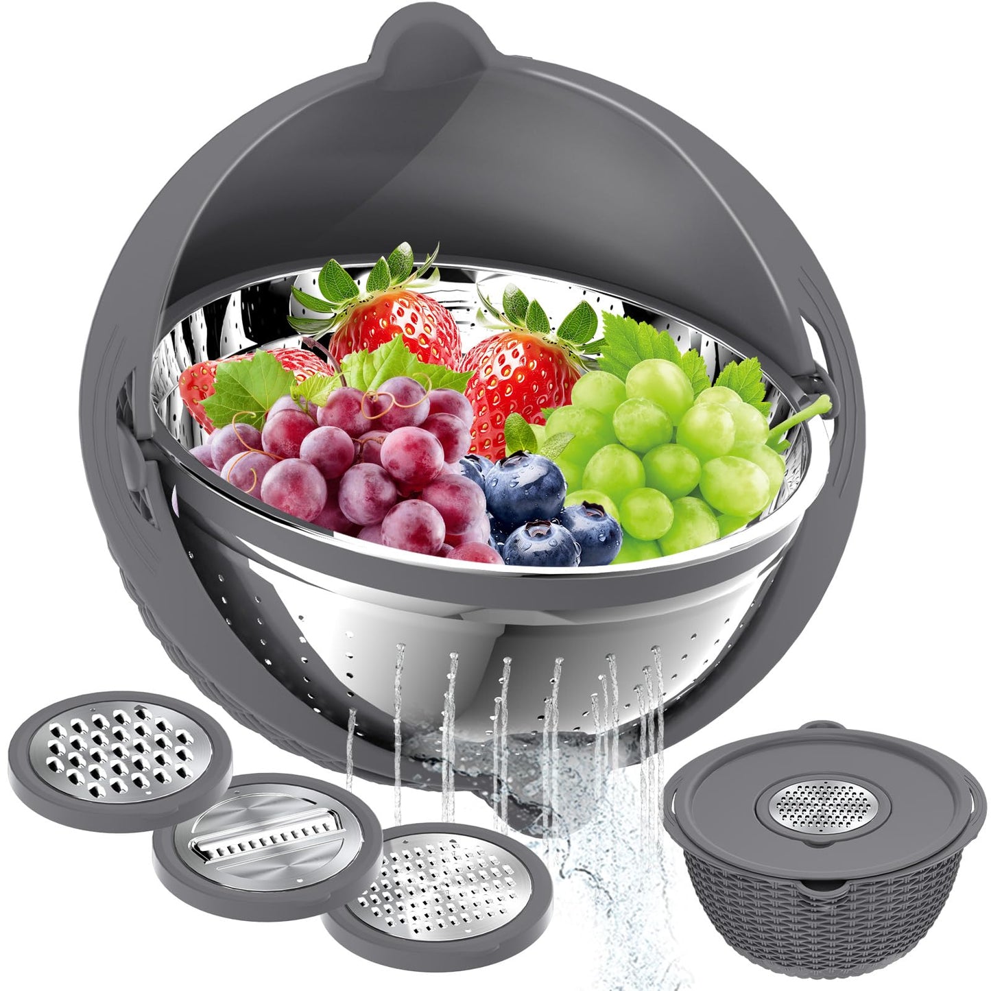 4-in-1 Colander with Bowl Set – Food Strainers and Colanders - Stainless Steel Rotatable Strainer for Fruits & Veggies – Pasta Strainer - Kitchen Essentials - Grey
