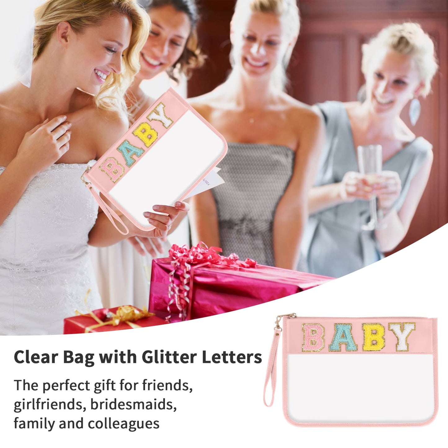 Iqimott Monogram Letter Clear Bag Purse, Chenille Glitter Letter Makeup Cosmetic Bag Patch Zipper Toiletry Pouch, Portable Travel Beach Snack Wristlet Bag for Women Girls(Baby, Pink)