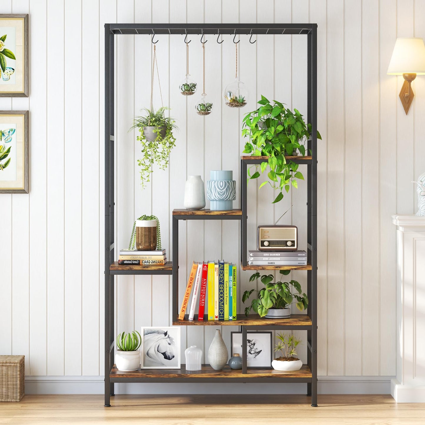 YIZAIJIA Plant Stand Indoor Tall Plant Shelf for Multiple Plants Pots Metal Flower Stand Large Flower Holder for Living Room, Patio, Balcony, Garden Decor, Black (5 Tier Trapezoid-Black)