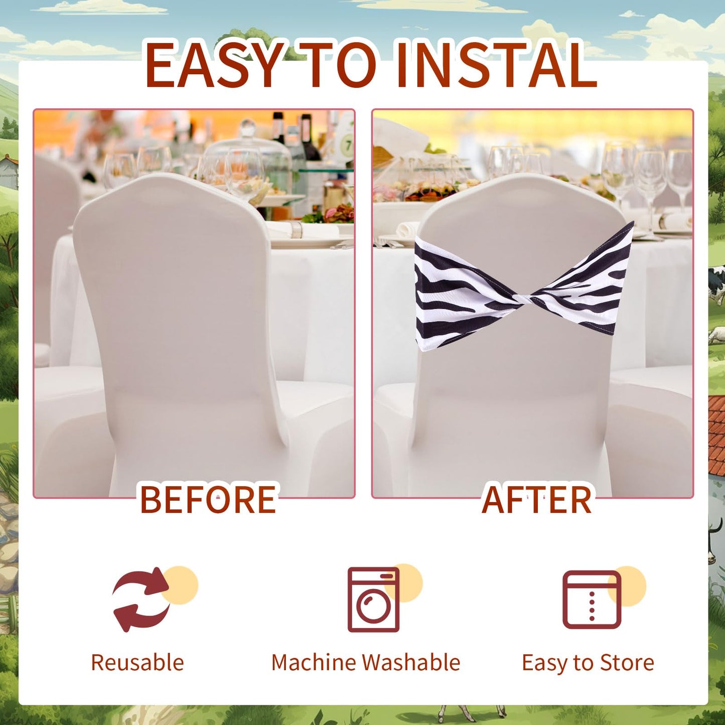 Newwiee 36 Pcs Spandex Chair Bands Animal Print Elastic Chair Sashes Bow Polyester Chair Cover Bands Ties Without Buckle for Animal Safari Jungle Theme Party Birthday Decor (Zebra Stripe)