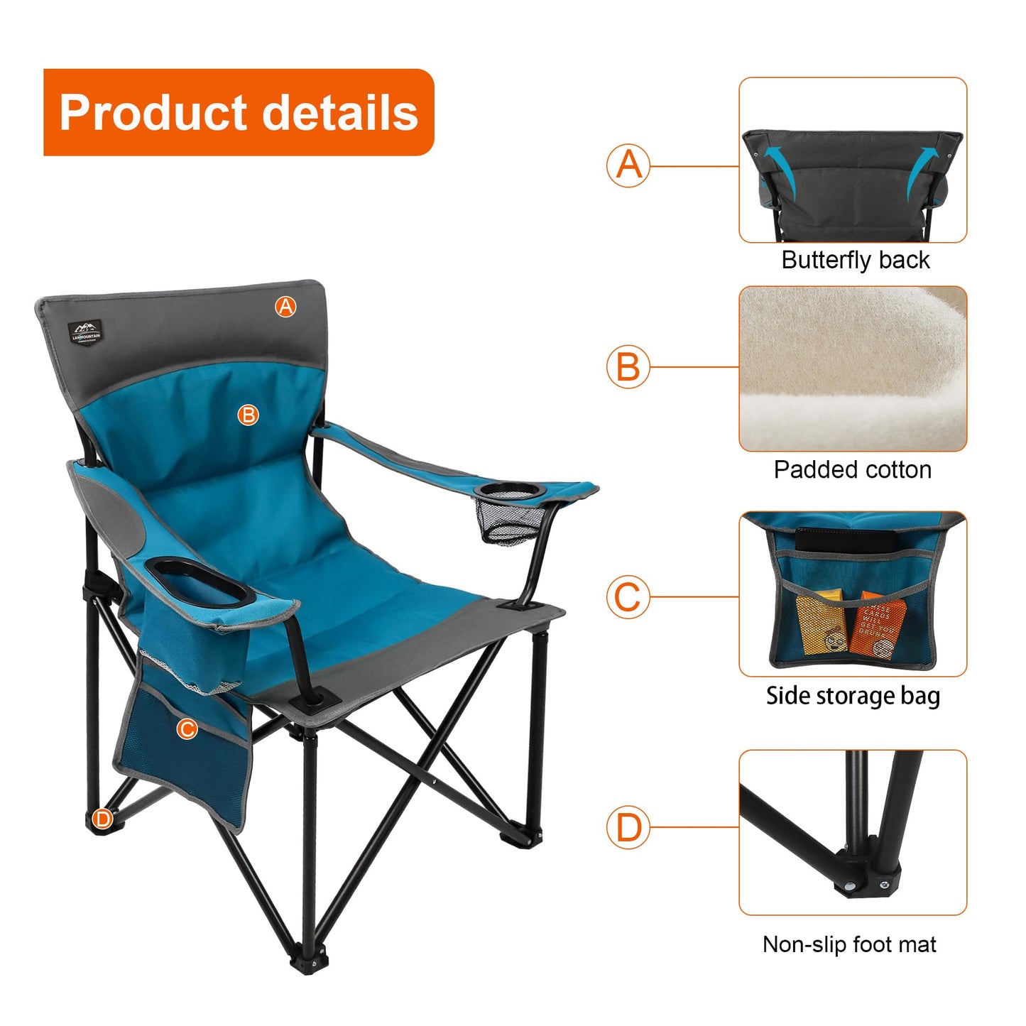 LANMOUNTAIN Oversized Folding Camping Chair,Heavy Duty Padded Portable Lawn Chair w/Extra Large Cup Holder,Side Pocket for Adults Outdoor Sports Hiking Beach Garden Picnic,Blue