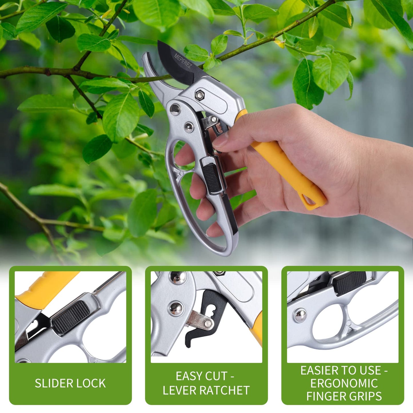 MEPEREZ Germany Pruning Shears, Arthritis Weak Hand Snips, Work 3 Times Easier, 1-Inch Cut Capacity Garden Clippers, Ergonomic handle, Rust resistant, high strength steel, Sharp