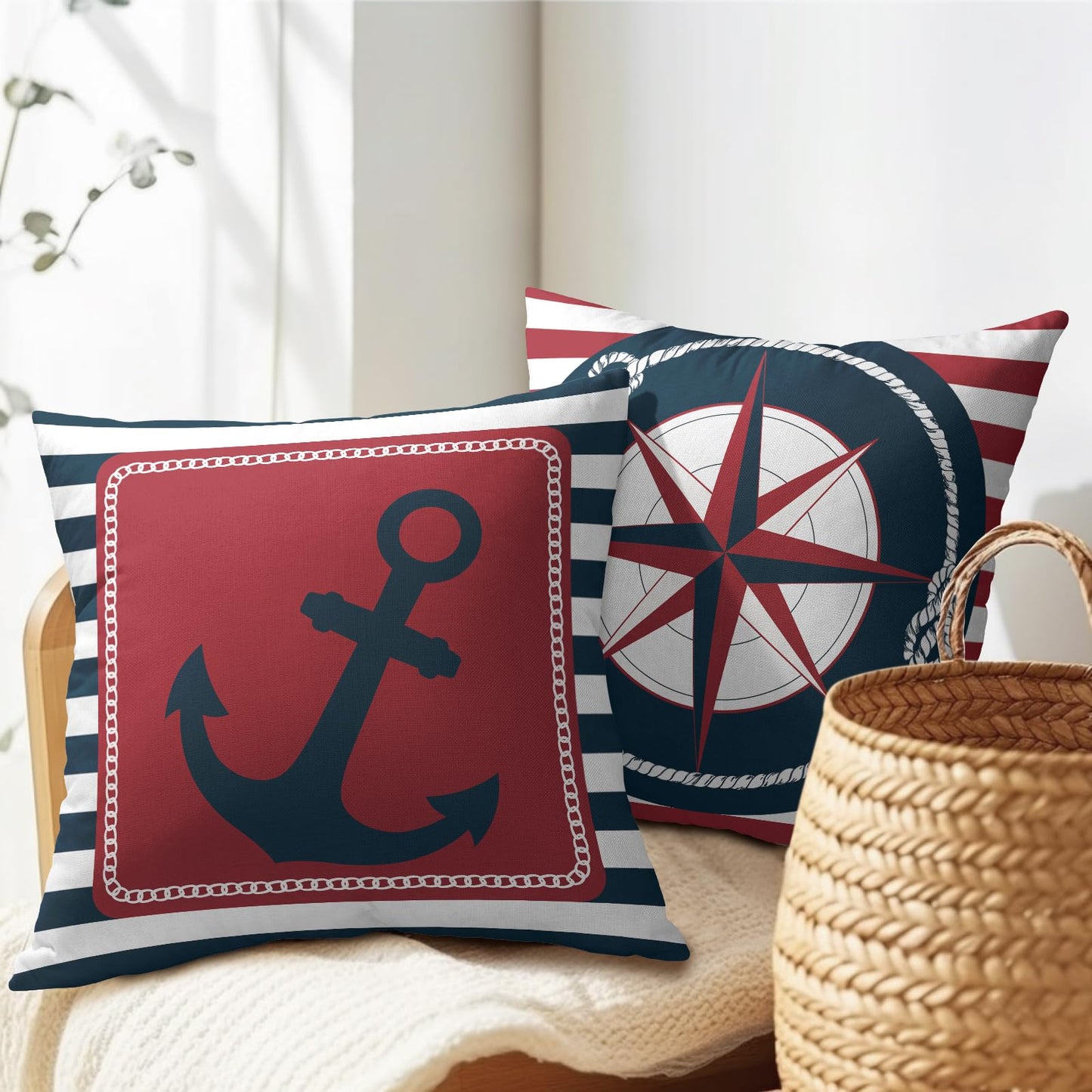 Anchor Compass Throw Pillow Cases Outdoor Nautical Pillow Covers Blue and White Stripes Decorative Cushion Cover 18x18 Inch Red and White Cotton Linen Pillowcases for Beach Coast Home Bedroom