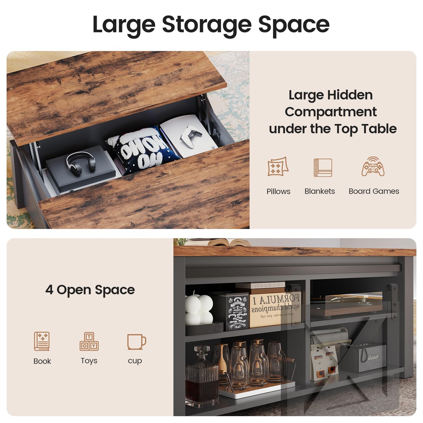 SEDETA 31.5" Lift Top Coffee Table with Storage, Square Coffee Tables for Living Room, Farmhouse Coffee Table with Large Hidden Storage Compartment and Adjustable Shelves, Black