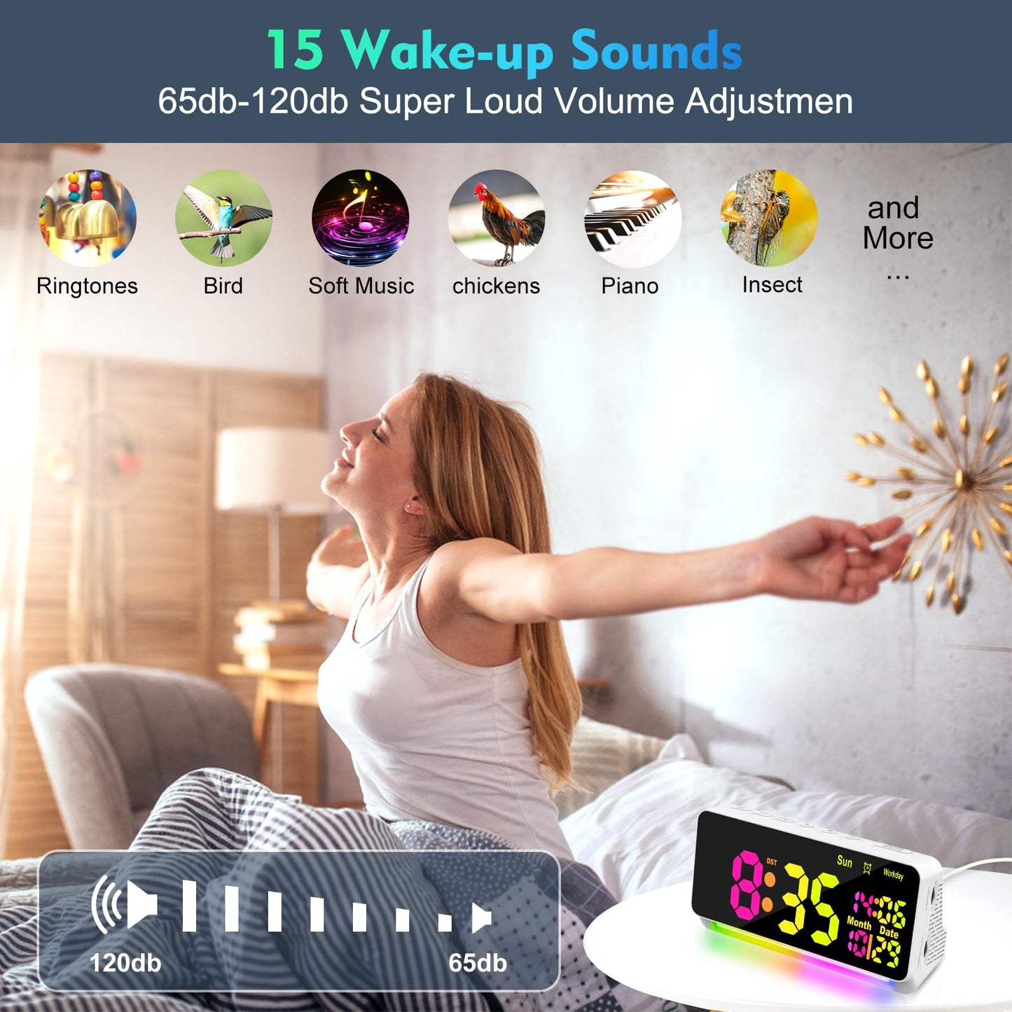 PERSUPER 120db Super Loud Alarm Clock for Heavy Sleepers, Bluetooth Connection, 15 Wake Up Sounds, 7 Color Night Light, Dynamic RGB Color Changing, 0-100% Dimmer, Snooze, Digital Clock for Bedroom
