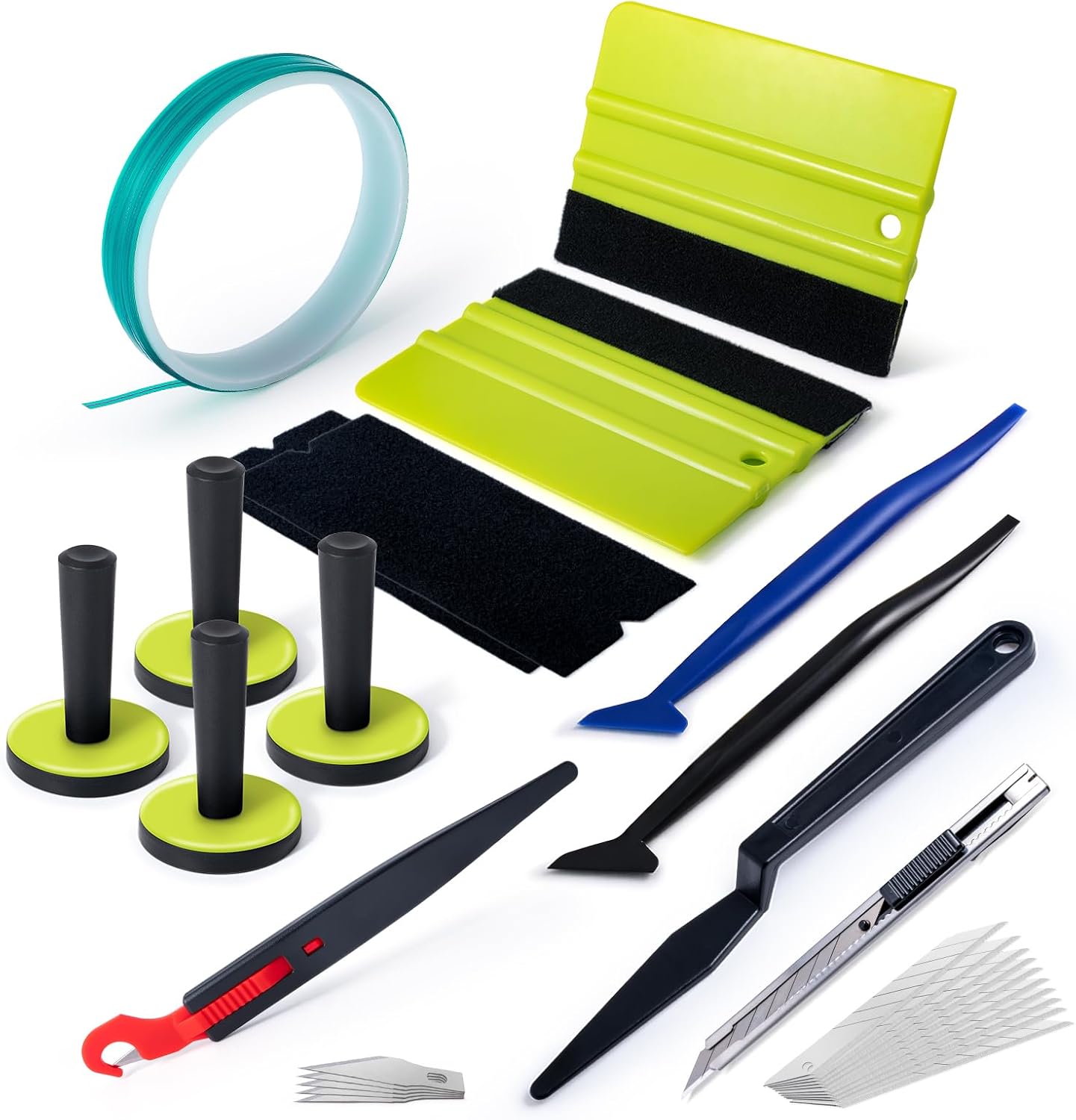 FOSHIO 4PCS Wrap Magnets Window Tint Kit, 5M Knife Tape Finish Line, 2PCS Felt Squeegee & Felt Tape, Vinyl Cutter Utility Knife and 10PCS Blades, 2PCS Micro Squeegee Corner Squeegee Vinyl Wrap Tools