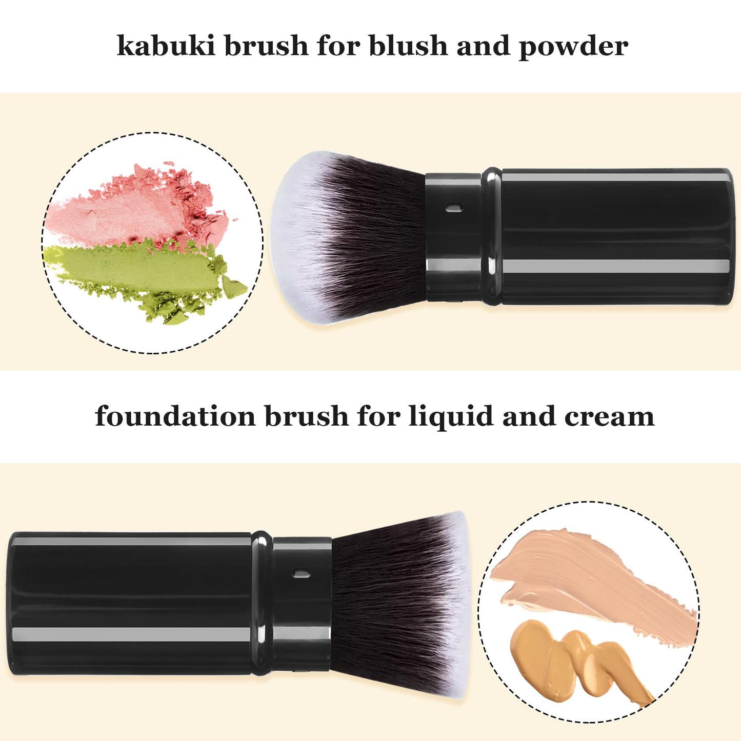 Keriloo Retractable Makeup Brush 2 Pack, Travel Kabuki Powder Foundation Makeup Brush Face Blush Brushes for Blending Liquid, Blush, Bronzer, Buffing, Sunscreen,Flawless Cosmetics