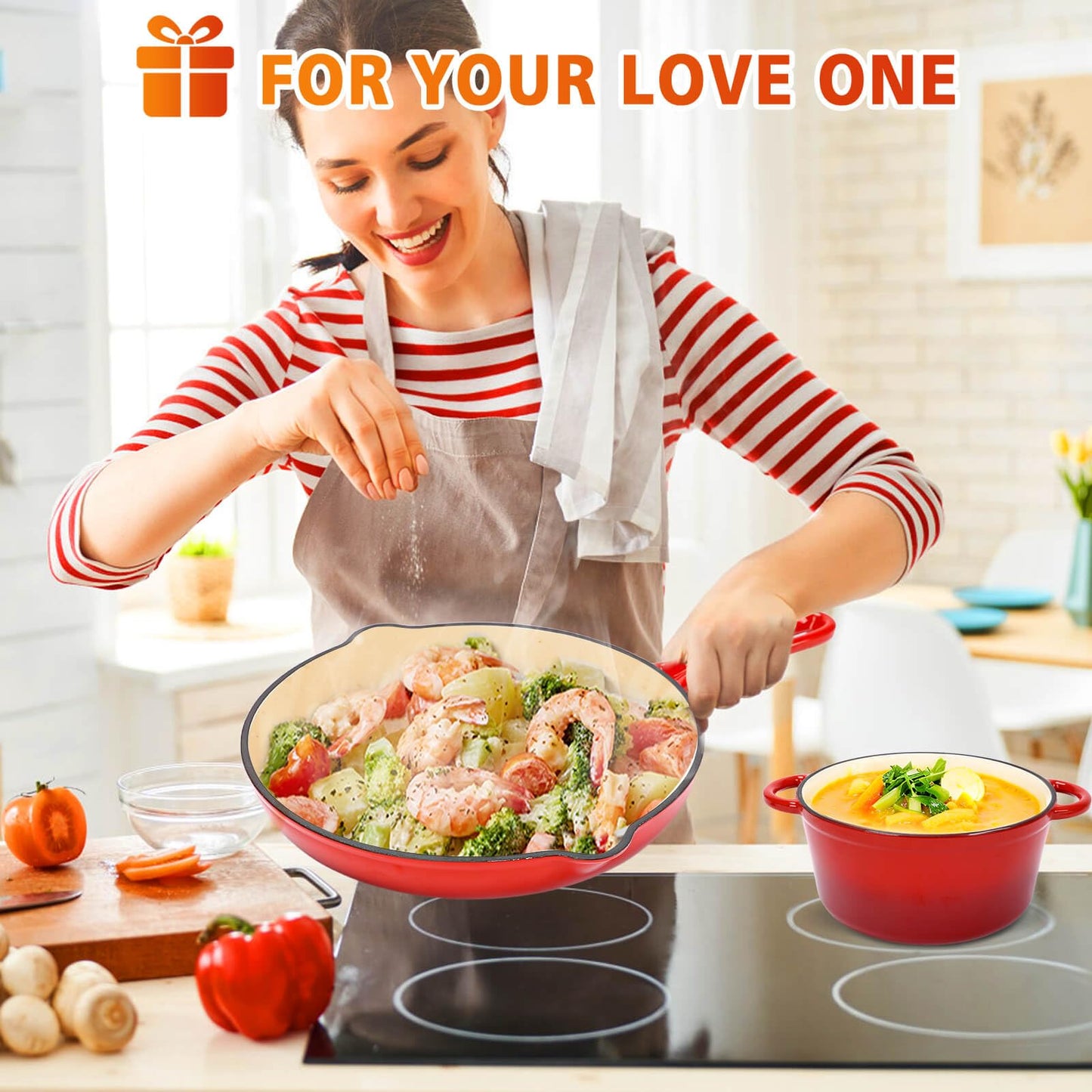 Hisencn Enameled Cast Iron Cookware Set - 5 Piece Set of Dutch Oven, Sauce Pan, Skillet, 2 Lids, Dutch Oven Set, Ceramic Coated Cast Iron, Heavy Duty, Gas/Induction Compatible, PFA Free, Rouge Red