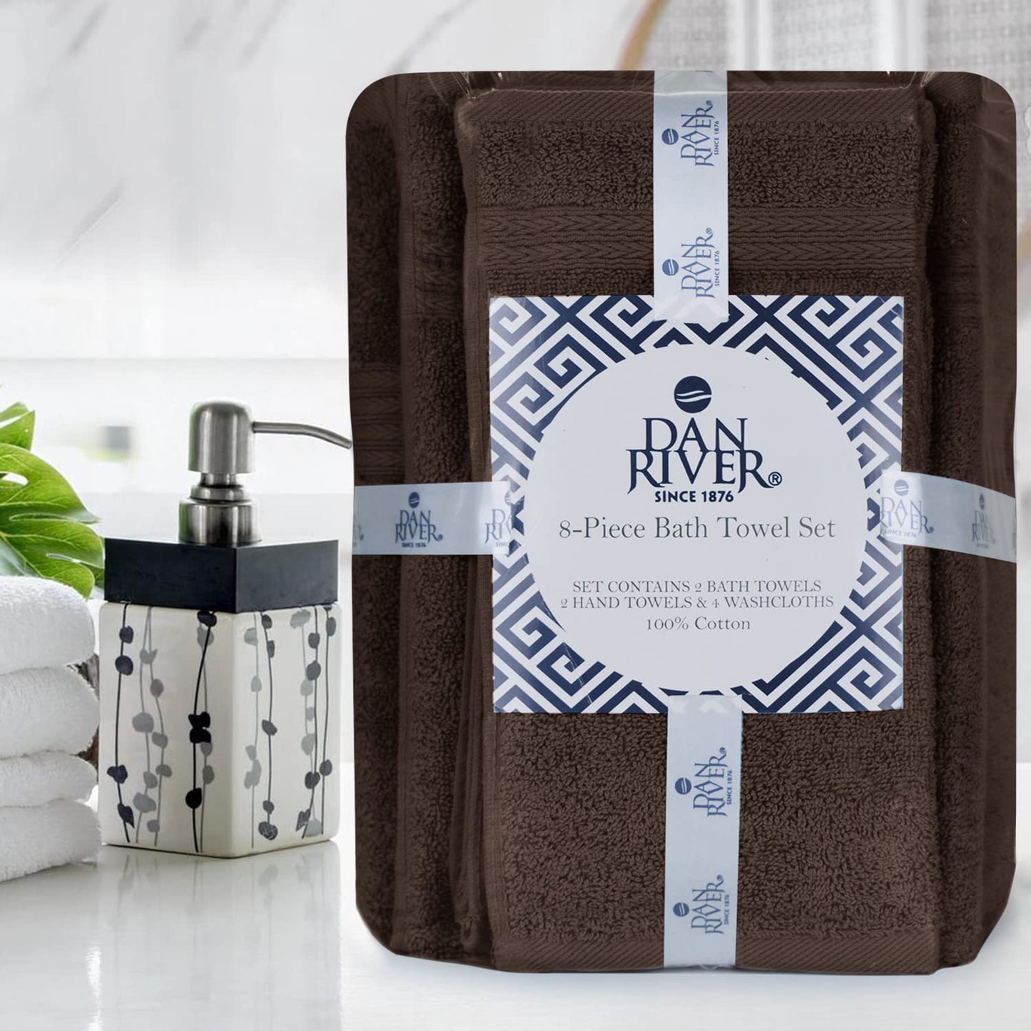 DAN RIVER 100% Ring Spun Cotton 8-Piece Towel Set, Brown, 2 Bath Towels, 2 Hand Towels and 4 Washcloths, 550 GSM - Soft and Absorbent for Bathroom, Spa, and Gym