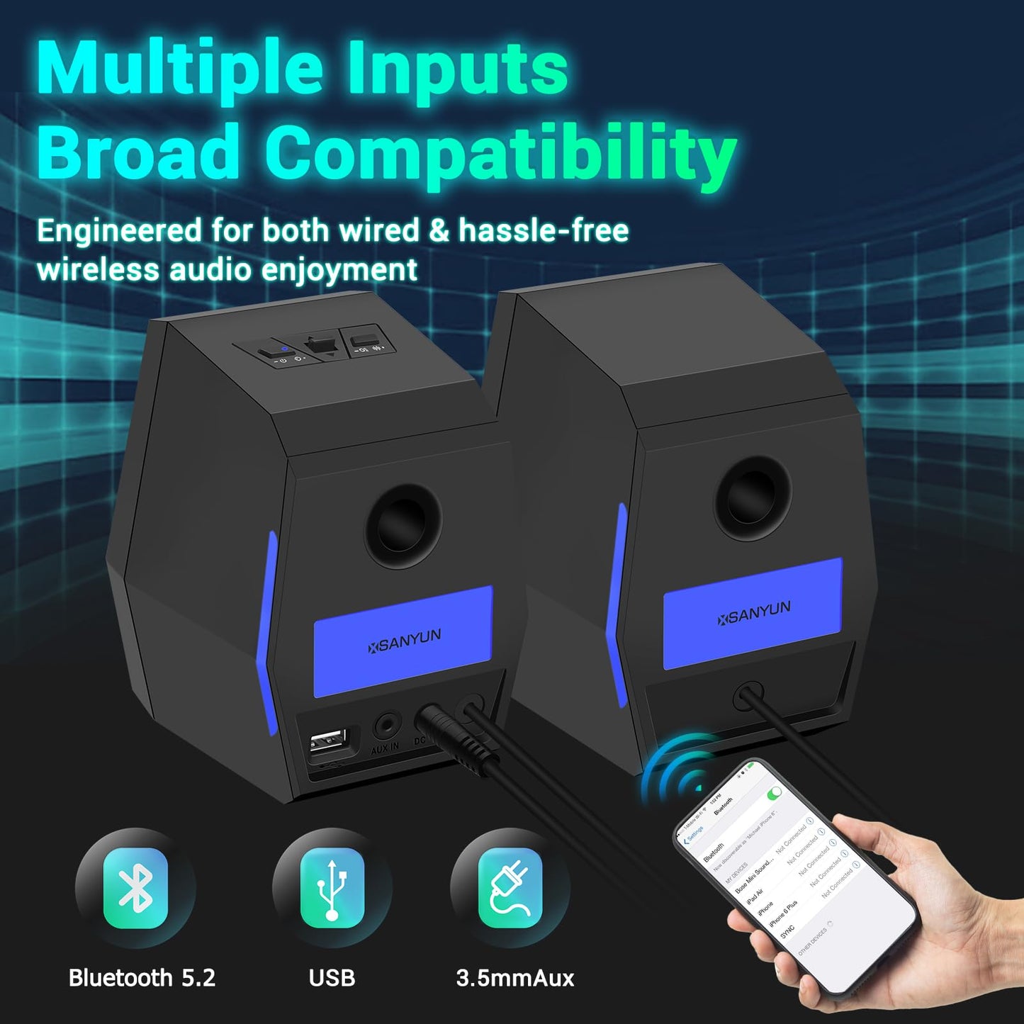 Sanyun SW209 36W Computer Gaming PC Speakers - 2.75" Fiberglass Woofer and Silk Dome Tweeter - Built-in 24bit DAC Dynamic 3D Surround Sound - Bluetooth 5.2 USB 3.5mm Aux Inputs - RGB Light - Black