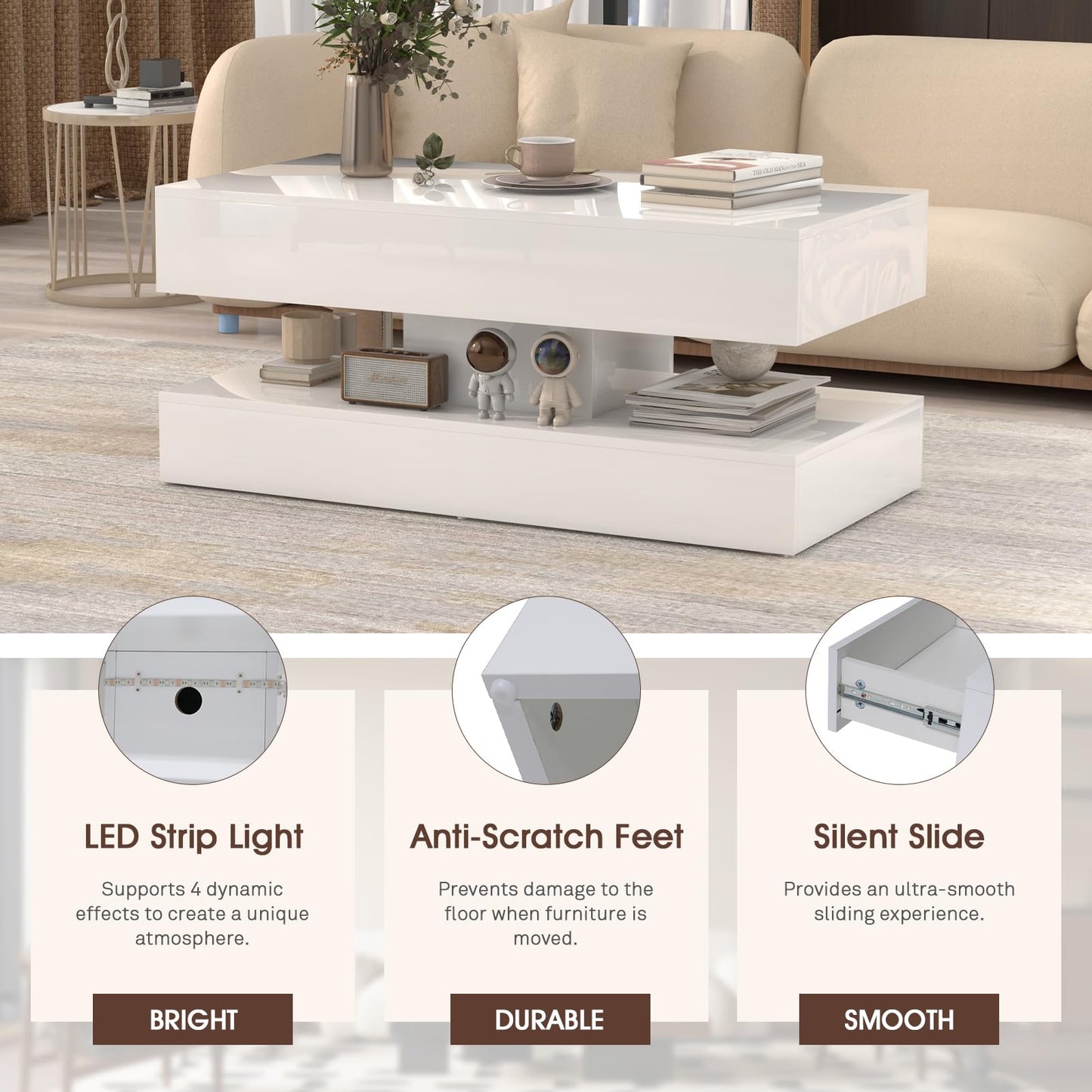 OC Orange-Casual LED Coffee Table with Storage, High Glossy Center Table with 2 Sliding Drawers, Modern Stylish Rectangle Coffee Table Double Layer with Open Display Shelf for Living Room (White)