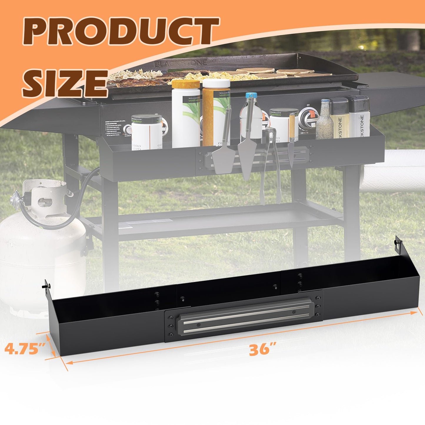 MOASKER Front Griddle Caddy for Blackstone 36" Griddle, Accessories Storage Bin with Magnetic Tool Holder for Blackstone 36 Inch Grill Caddy Organizer, Front Bottle/Spatula/Tool Shelf for Black Stone