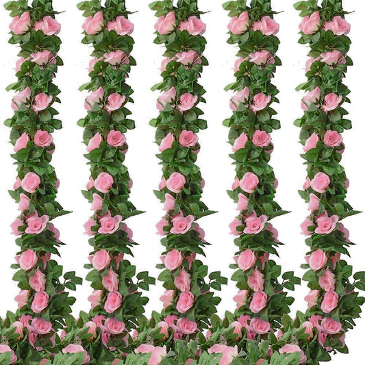 5pack Flower Garland Artificial Fake Rose Garland Vine Artificial Flowers for Decoration Floral Garlands Decor-Total 41 Ft (Pink)