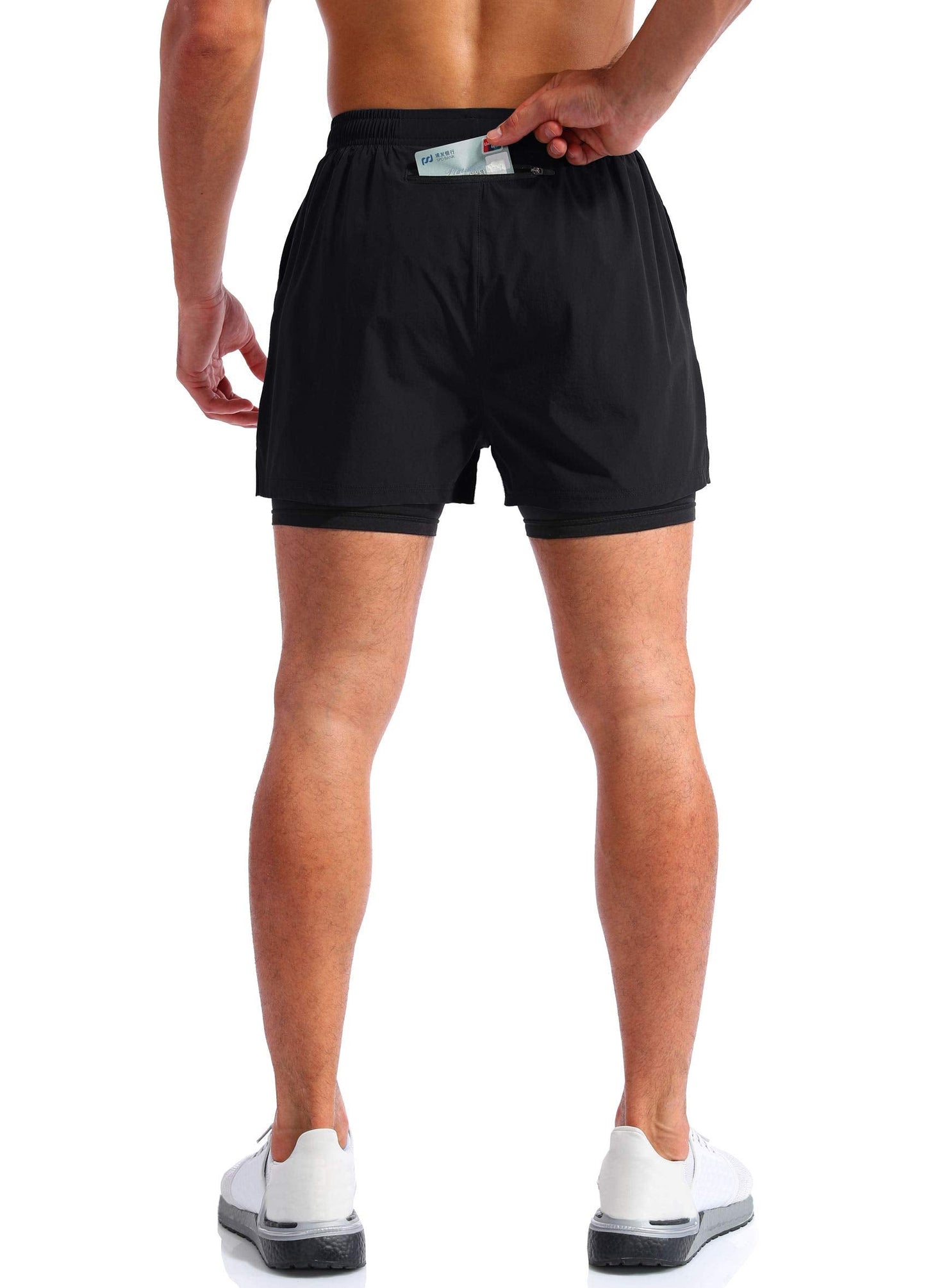 Pudolla Men’s 2 in 1 Running Shorts 5" Quick Dry Gym Athletic Workout Shorts for Men with Phone Pockets(Black Large)
