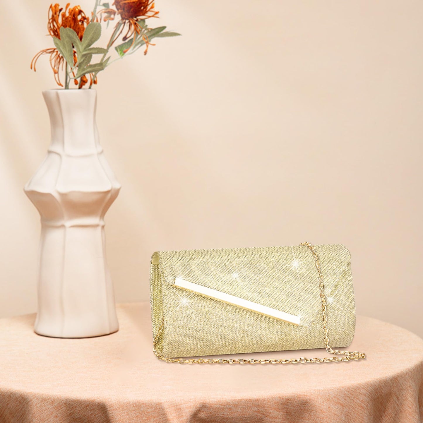 Larcenciel Glitter Evening Bag, Gold Envelope Clutch Purses for Women, Formal Ladies Sequin Handbag Crossbody Shoulder Wallet Perfect for Wedding, Guest Party, Prom, Cocktail, Date Night,9×4.7×2in