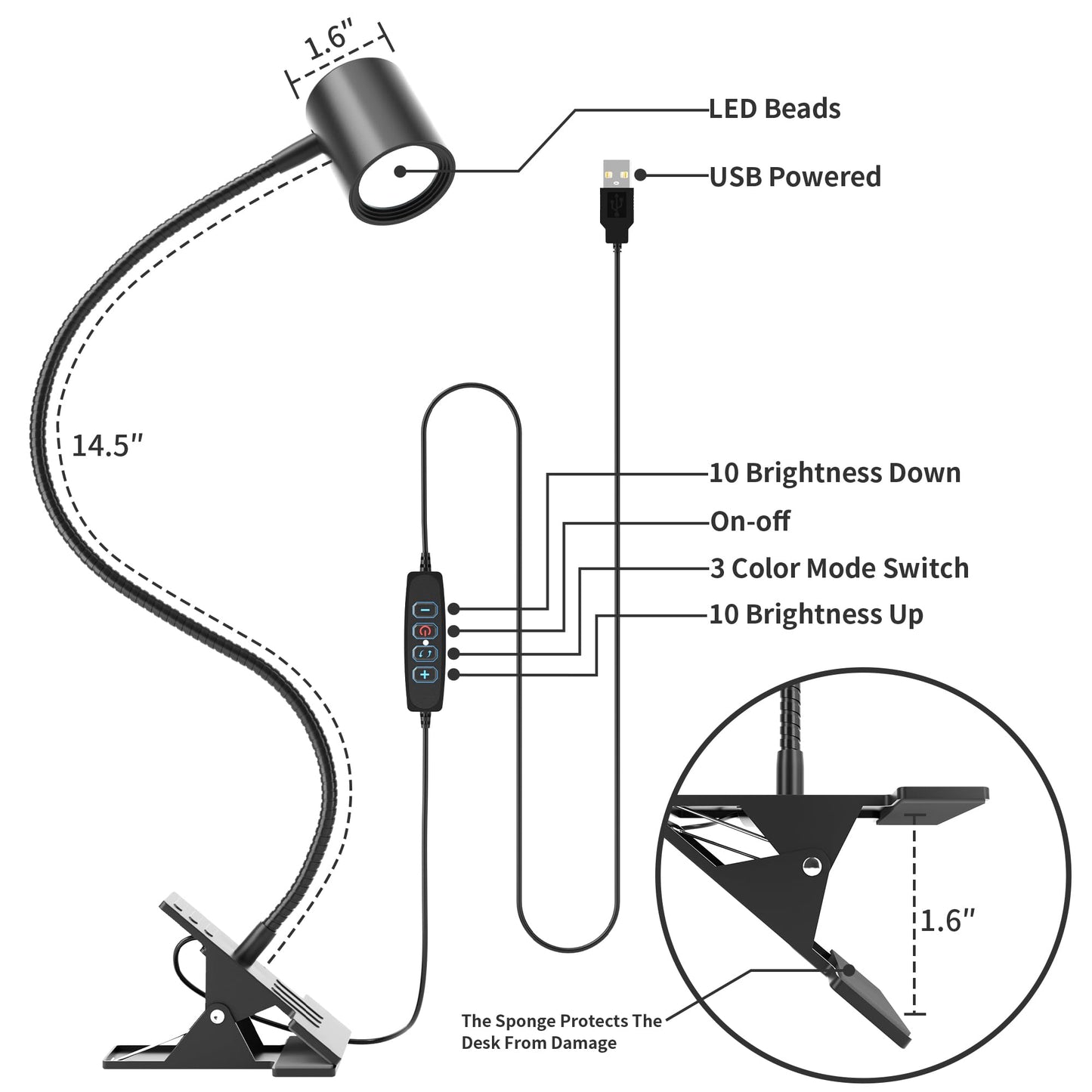 Dott Arts Desk Lamp,USB Clip On Light,3 Color Modes,10 Brightness Levels,360° Gooseneck LED Reading Light,Eye-Care for Home Office,Headboards, Black