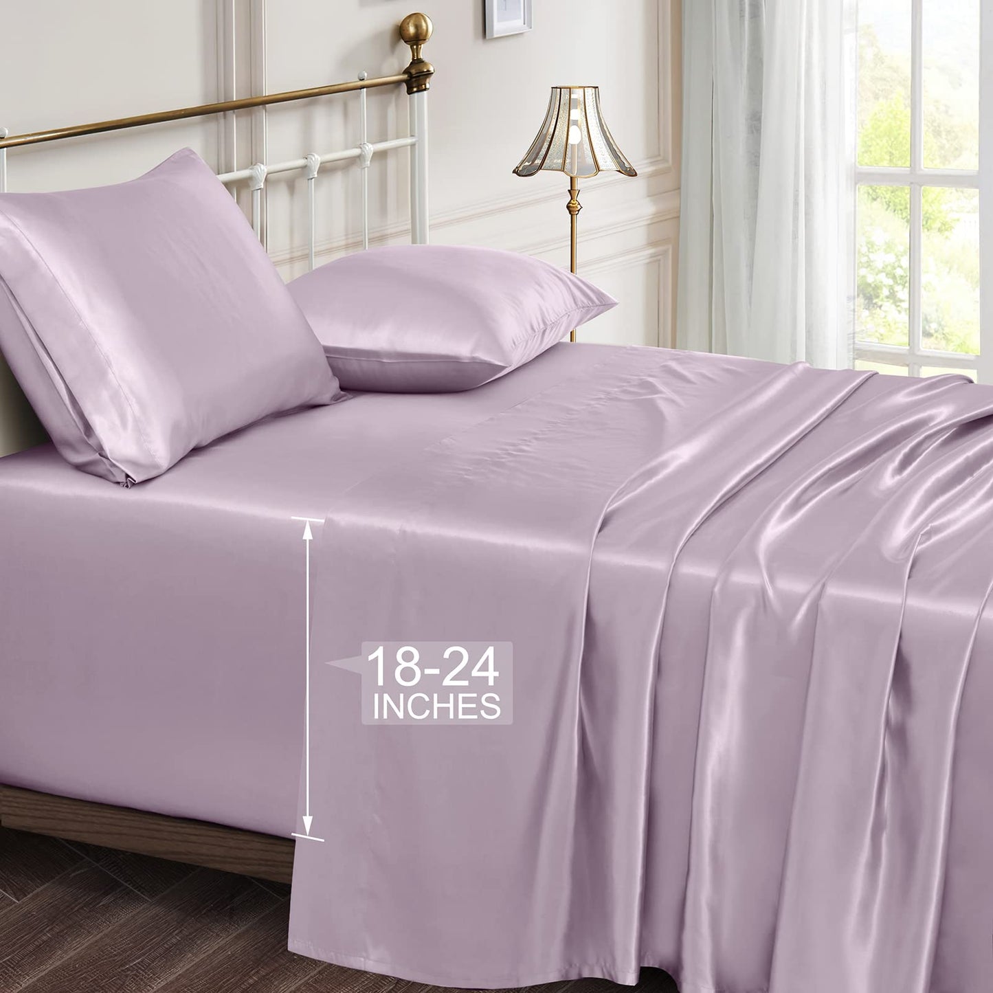 Vonty Satin Sheets Extra Deep Pocket Queen Sheet Sets - Cooling & Silky Satin Queen Size Sheets with 18-24 Inch Deep Pocket, Luxury Lavender Satin Bed Sheets Fit Up to 24" Deep Mattress - 4 Piece