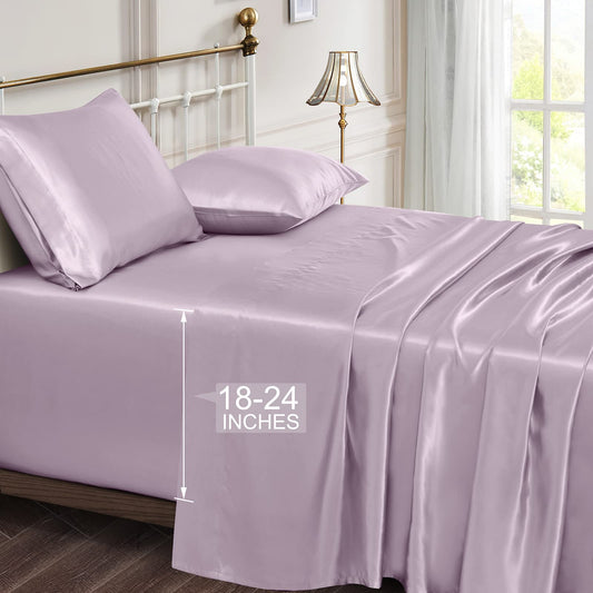Vonty Satin Sheets Extra Deep Pocket Queen Sheet Sets - Cooling & Silky Satin Queen Size Sheets with 18-24 Inch Deep Pocket, Luxury Lavender Satin Bed Sheets Fit Up to 24" Deep Mattress - 4 Piece