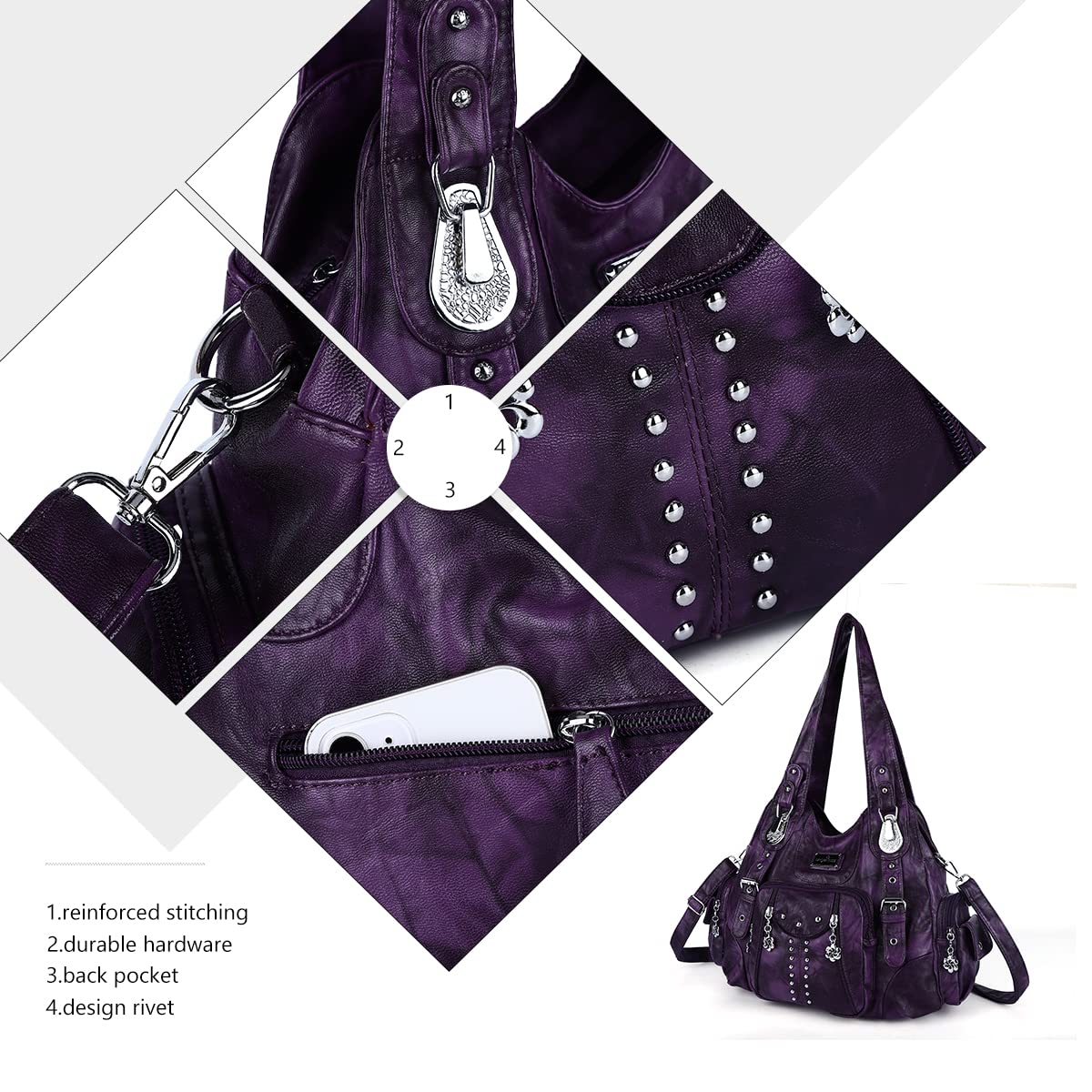 Angel Kiss Women's Soft PU Leather Large Hobo Handbag for Ladies Purse, Purple