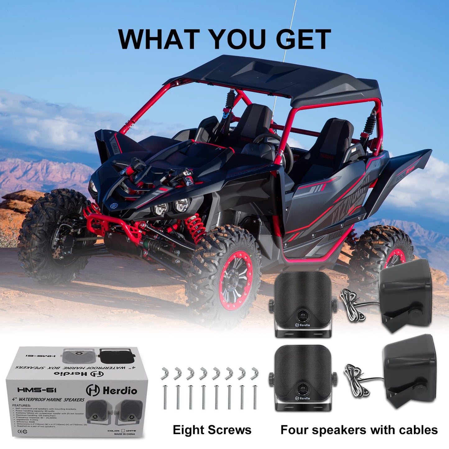 Herdio 4 Inches Heavy Duty Waterproof Boat Marine Box Outdoor Speakers Surface Mounted for Skid Steer ATV UTV RZR RV Golf Cart Tractor Powersports Boat Truck Jeep(4 Black Speakers)