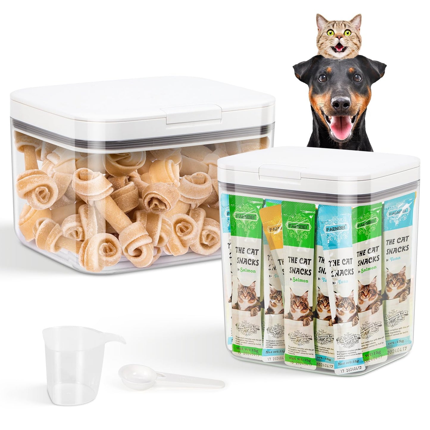 2 Pack Large Dog Treat Container Bins 2 Qt + 3 Qt with One-Press Flip-up Lid, Airtight Pet Dog Cat Treat Jar for Countertop, Pet Biscuit Canister Cookie Holder