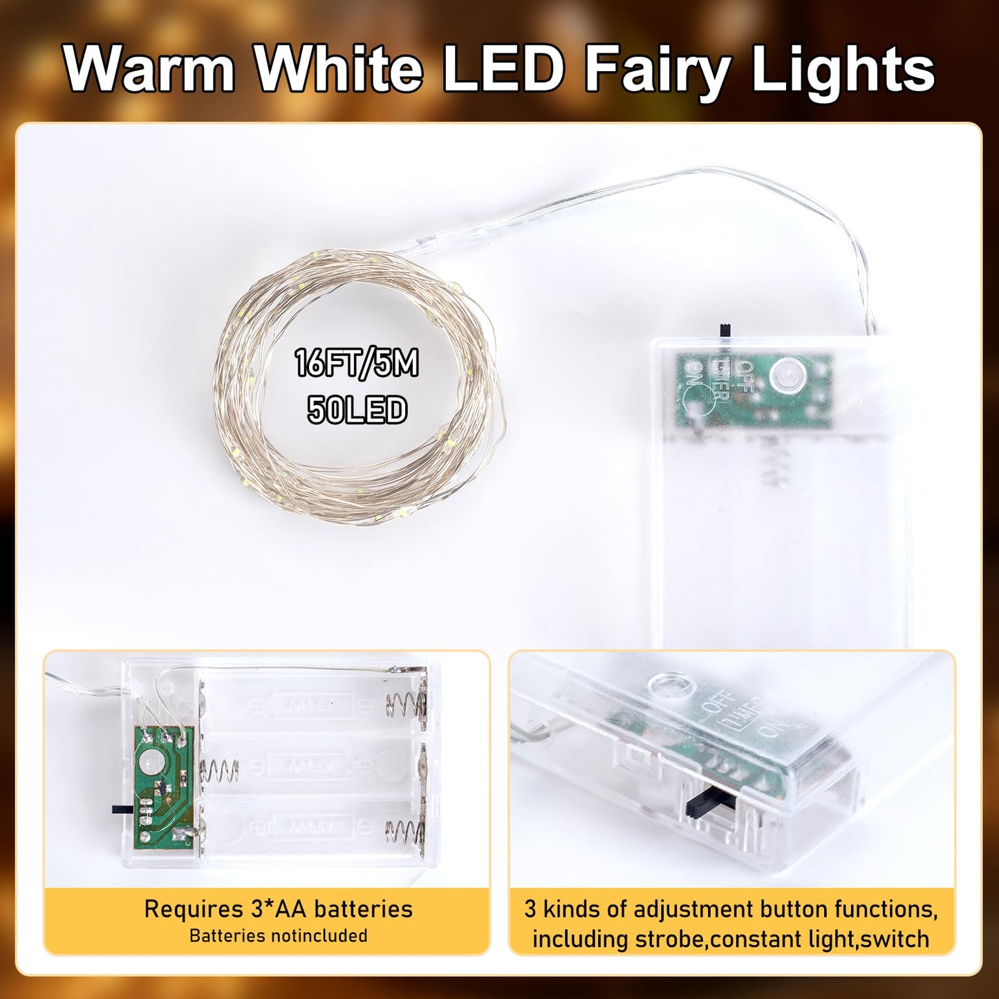 YPHSOL Fairy Lights Battery Operated String Lights 16.4ft 50LED Flashing and Constant Light Waterproof Silver Wire for Christmas DIY Party Bedroom Wedding (Warm White, 2 Pack)