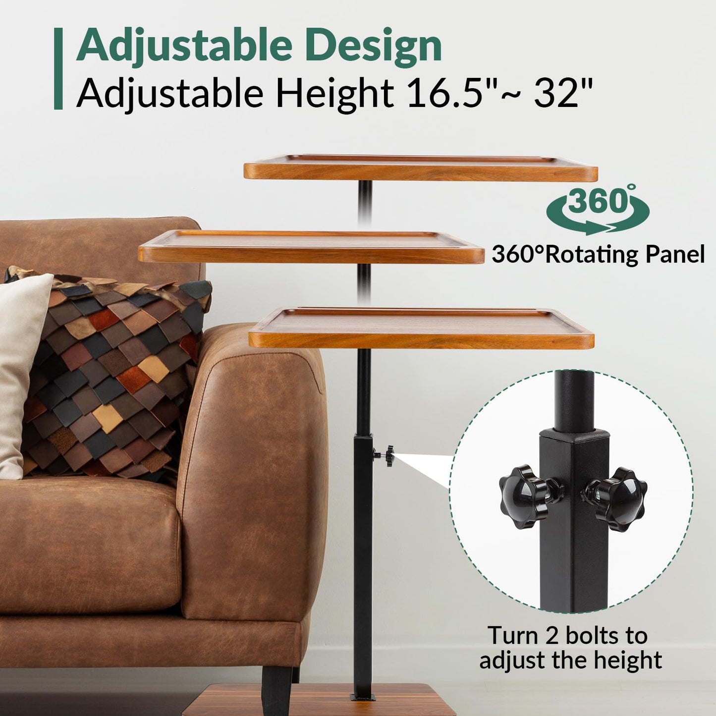 LVETOLS Solid Wood Acacia Wood Couch Table,360° Swivel Height Adjustable C Table with Phone & Tablet Slot,TV Trays for Eating on Couch, Bedroom or Livingroom, Oblong