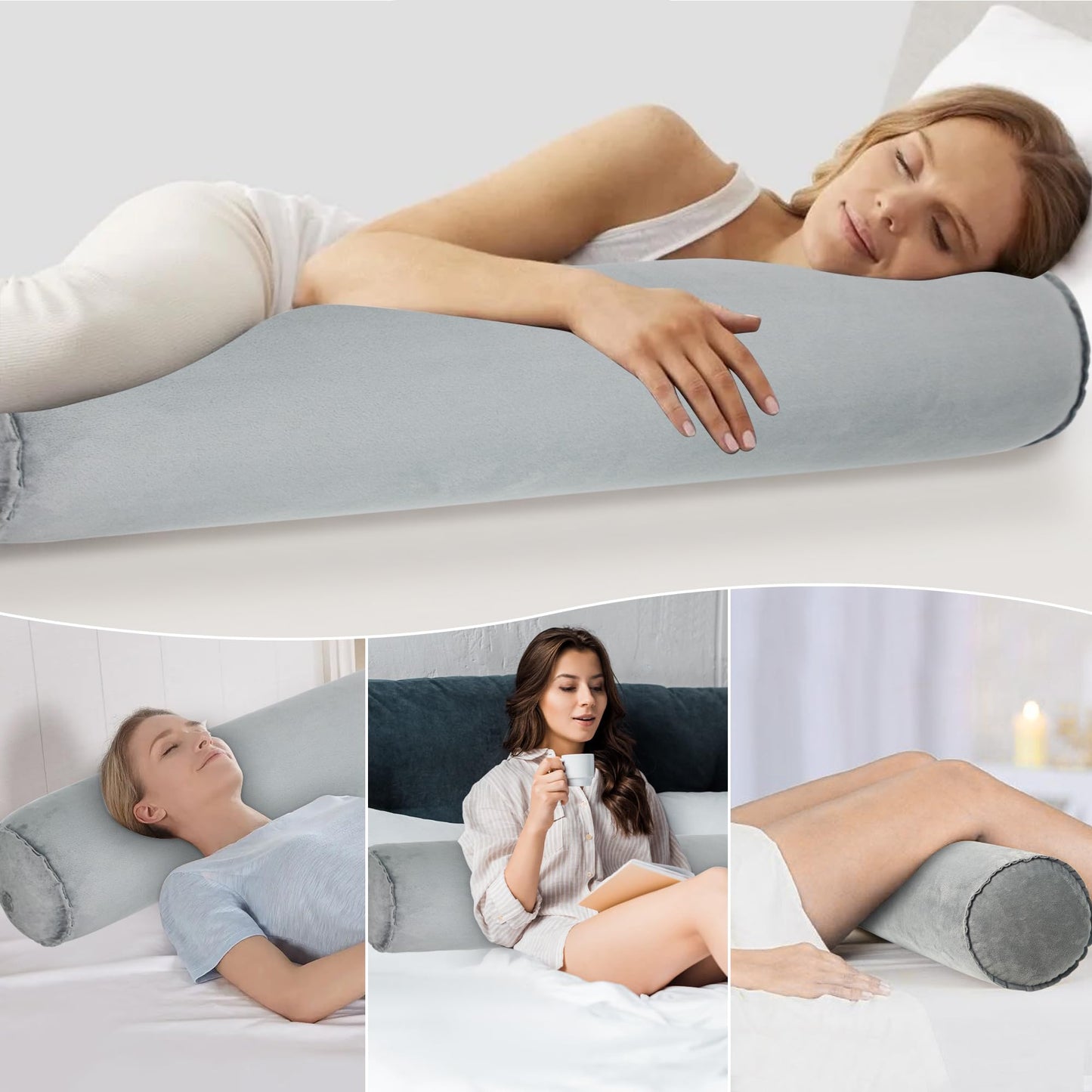 YEEKORO Long Body Pillow for Adults Teenager, Inflatable Full Body Pillow, Multifunctional Side Sleeper Pillows, Round Bolster Pillow for Bed (Grey, 90cm/35.43inch)