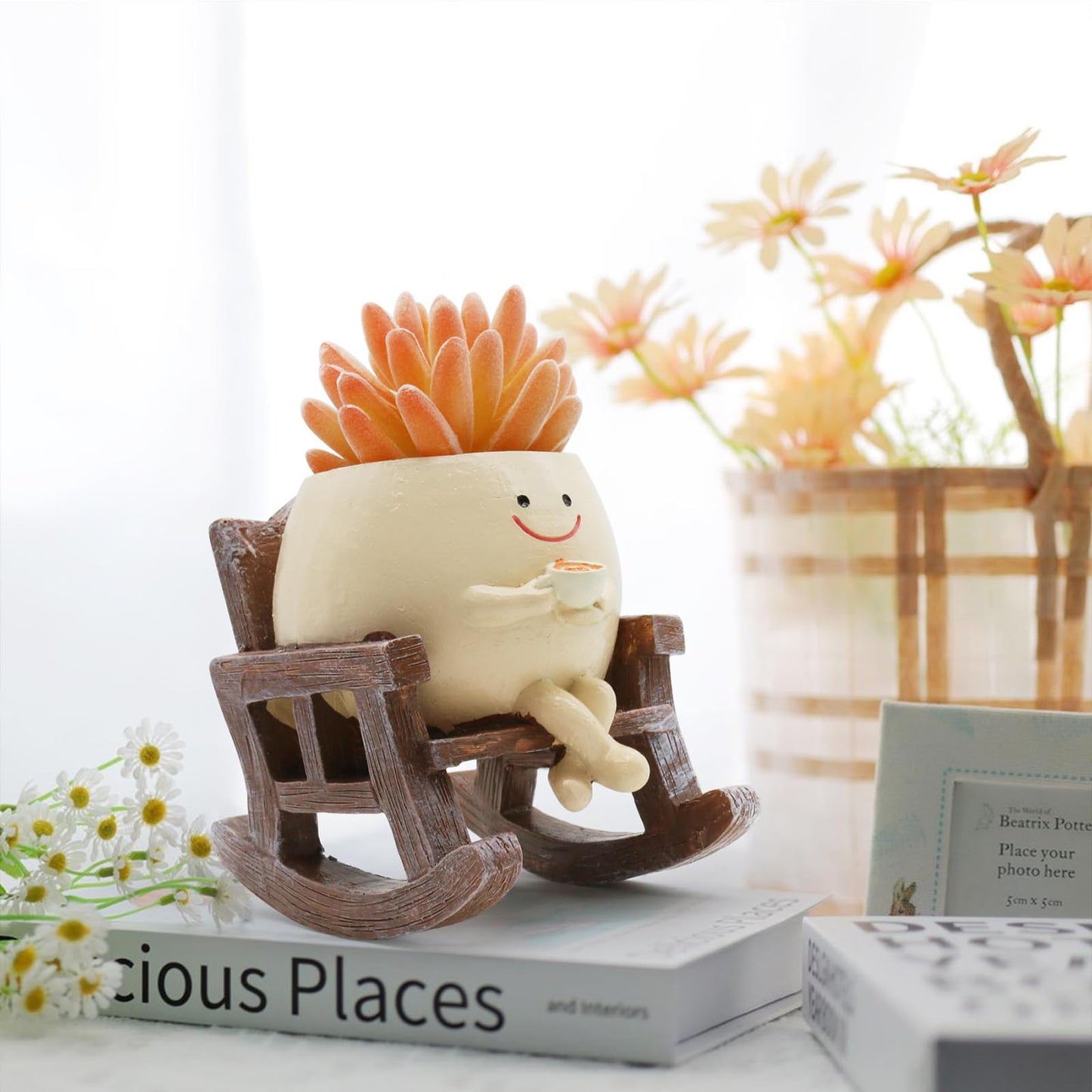 MUZZIOU Smiley Face Planter Pot, Cute Resin Smile Face Flower Head Plant Pot, Creative Flower Pot for Indoor Outdoor Plants, Funny Home Decoration (Rocking Chair)