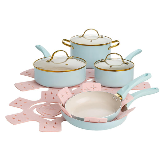 Paris Hilton Epic Nonstick Pots and Pans Set, Multi-layer Nonstick Coating, Tempered Glass Lids, Soft Touch, Stay Cool Handles, Made without PFOA, Dishwasher Safe Cookware Set, 12-Piece, Aqua