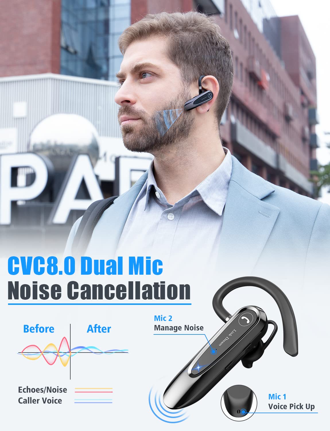 Link Dream Bluetooth Earpiece Wireless CVC8.0 Headset for Cell Phone Dual Mic Noise Canceling Handsfree Phone Earpiece with Mute 20Hrs Talk Time 180 Days Standby for iPhone Android Home Office Driving