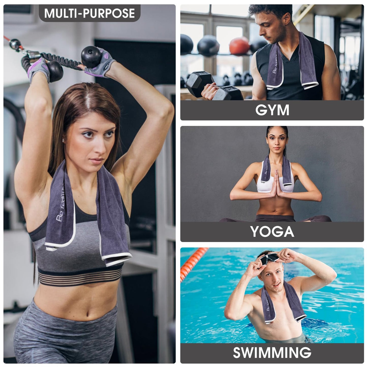 Xoofewal Microfiber Gym Towels Set for Sports Fitness, Yoga, Workout, Swimming, Soft and Quick-Drying for Gym Bag (3 Pack, Blue+Grey+Purple)