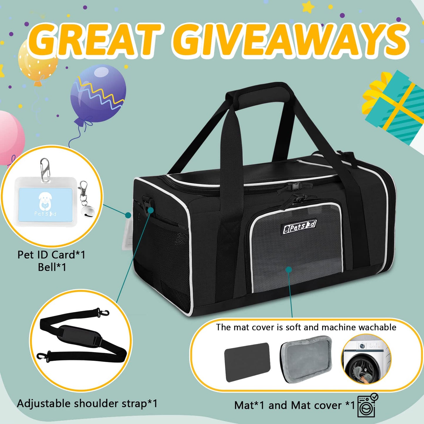 Petskd Pet Carrier 17x12x8.5 JetBlue Allegiant Airline Approved,Pet Travel Carrier Bag for Small Cats and Dogs, Soft Dog Carrier for 1-8 LBS Pets,Dog Cat Carrier with Safety Lock Zipper(Black)