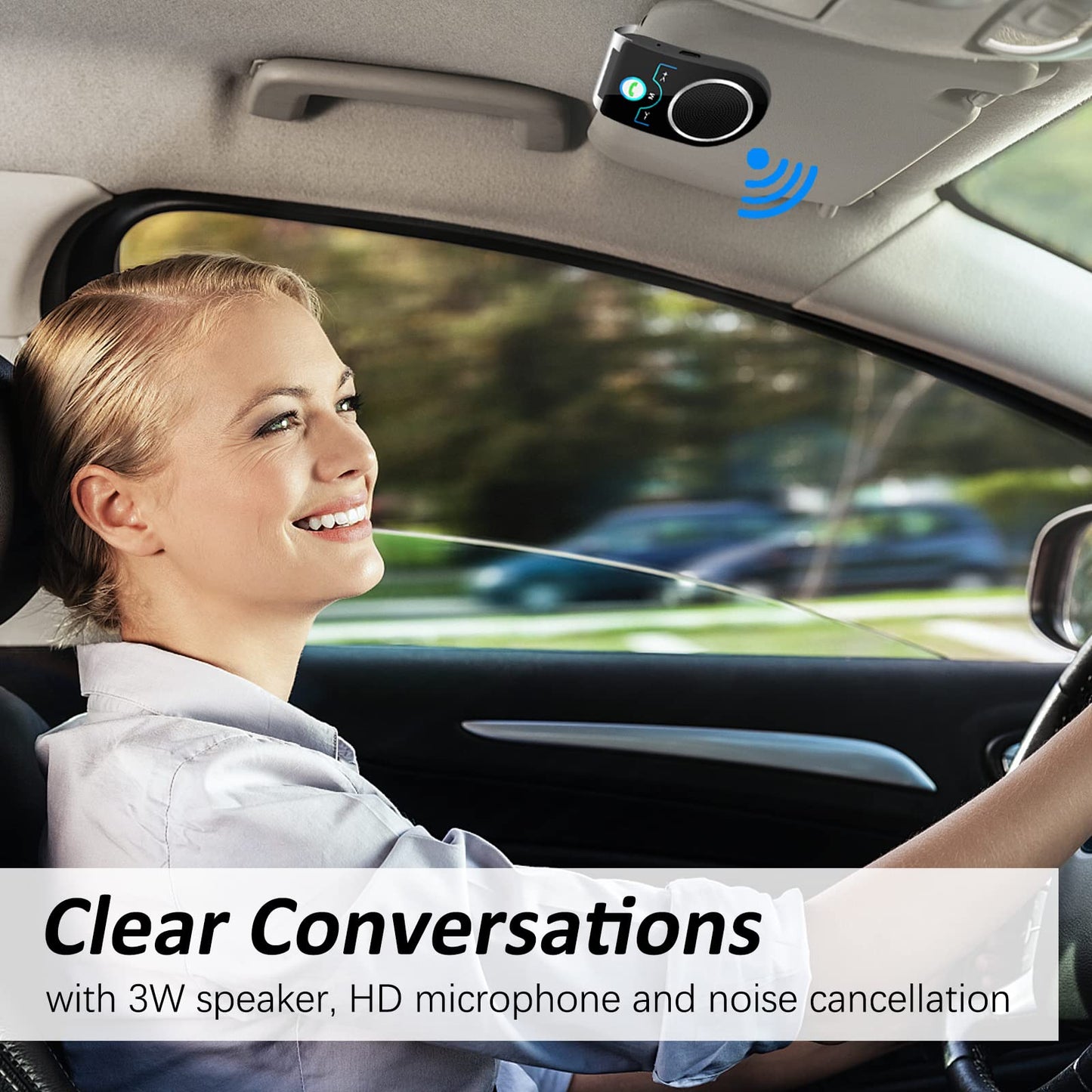 Hands Free Cell Phone Car Kit, Bluetooth 5.0 in Car Speakerphone with Visor Clip, Siri Google Voice Command Support,Built in Mic, Support 2 Phones Connected, Bluetooth Speaker for Safe Driving