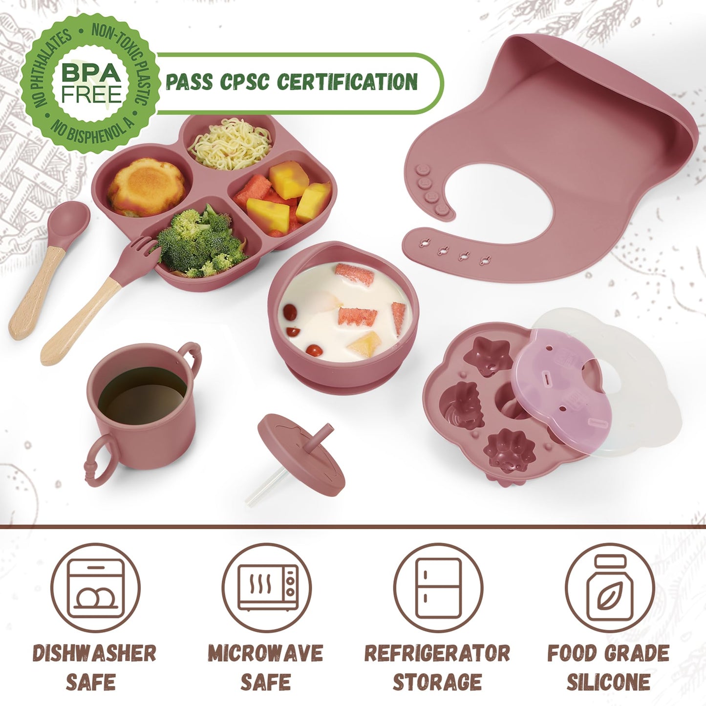 MIICASA Silicone Baby Feeding Set, Baby Led Weaning Supplies, Baby Food Tableware Silicone Suction Plate, Bowl, Spoons, Fork, Waterproof Bib, Cup & Complementary Food Cake Mold, Baby Eating Utensils