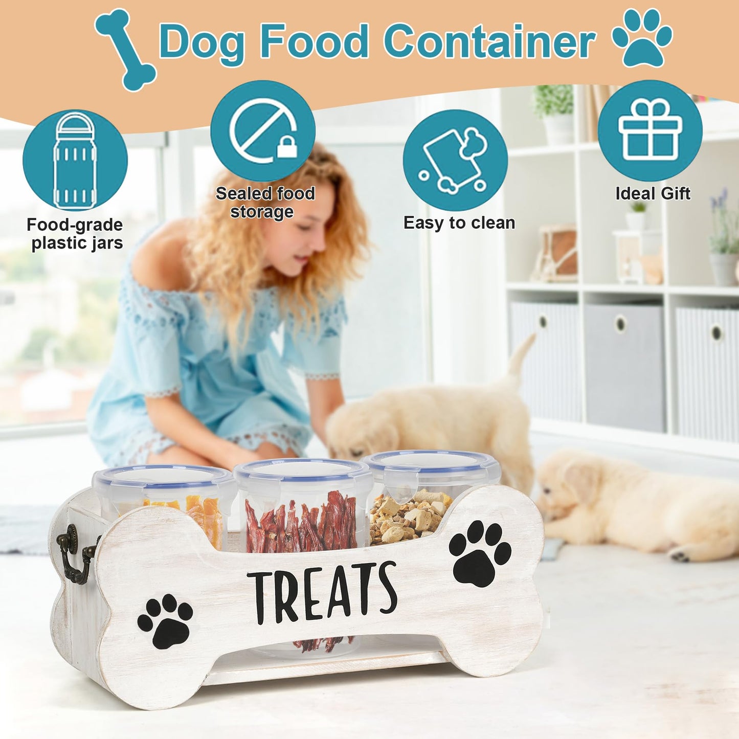 WGFKVAS Dog Treat Container Dog Food Storage Container for Countertop，Wooden Cat Food Storage Container with 3 Jars，Dog Treat Jar with Lid，Great Gift for Pet Dog Owners (White)
