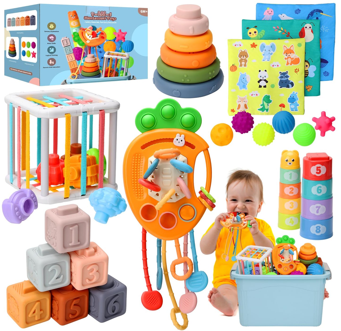 Baby Toys 6 to12 Months, 7 in-1 Montessori Toy for 6-9-12-18 Month Old with Pull String Toy, Sensory Bin Toys, Stacking Baby Blocks & Soft Infant Ring & Sensory Ball, Stacking Cups for Toddler Gift