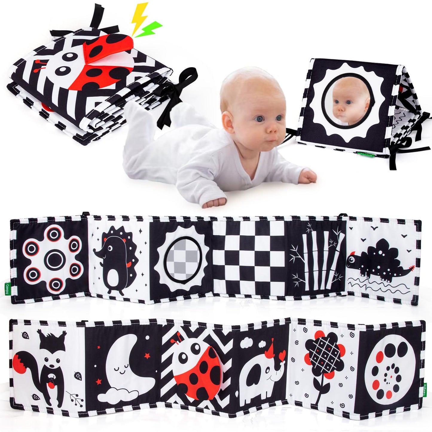 Cawgug Black and White High Contrast Baby Toys for Newborn Brain Development Tummy Time Soft Book Babies 0-3 6-12 Months Montessori Learning Activities Infant and Sensory Visual Stimulation Toys