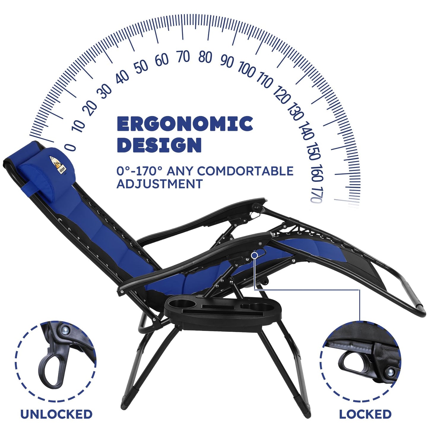 Colegence Oversized Padded Zero Gravity Lounge Chair, Foldable Patio Anti Gravity Reclining Chairs Folding Lawn Recliner with Cup Holder for Yard, Camping, Outdoor, Support 350 LBS, Blue