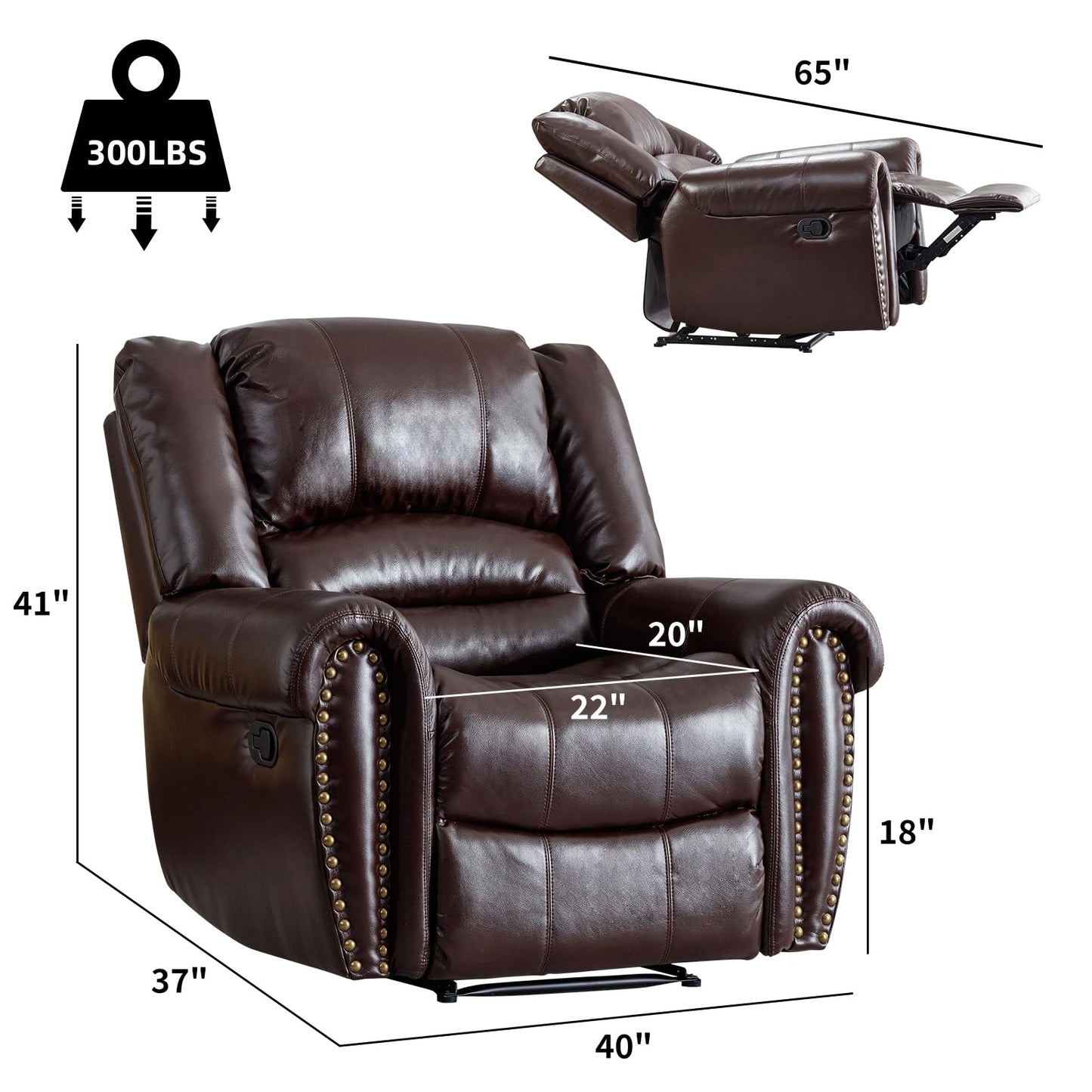 CANMOV Leather Recliner Chair, Classic and Traditional Manual Recliner Chair with Comfortable Arms and Back Single Sofa for Living Room, Brown