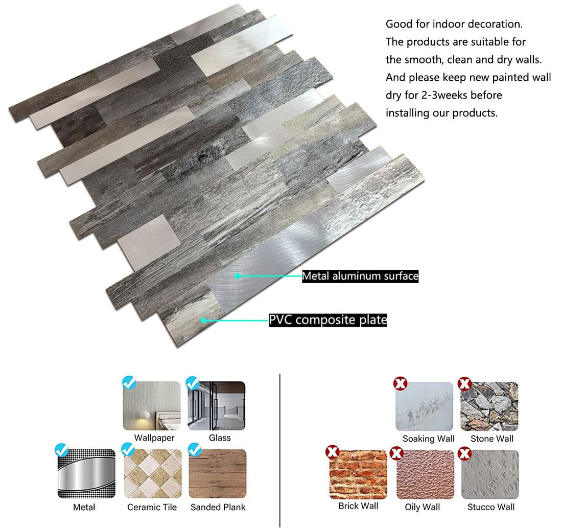 weimeisc 10 Sheets Backsplash Tile for Kitchen Peel and Stick, Self-Adhesive Waterproof, Metal Backsplash Subway Tile, Stick on Tiles Kitchen Bathroom (Light Grey Wood Grain+Frosted Silver)