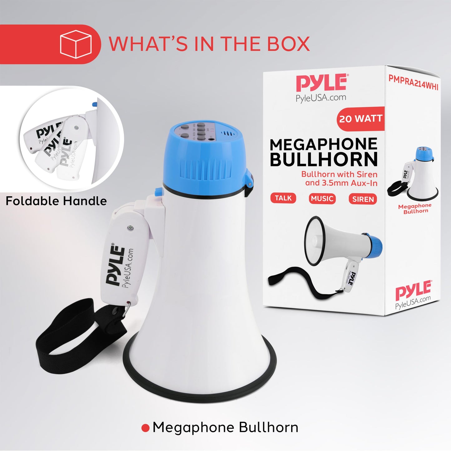 Pyle 20W Megaphone Bullhorn - Portable, Automatic Siren & Adjustable Volume,Projection Range Up to 400 Square Yards, Aux Input, Talk, Siren, Music, Whistle, & Record, Shoulder Strap (White-Blue)