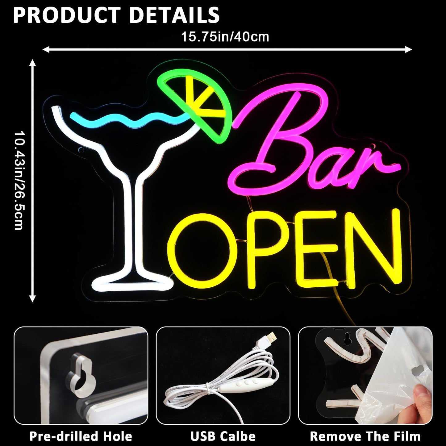 PMCVYH Bar Open Sign for Business, Neon Open Sign, USB Dimmable Cocktails Neon Lights for Beer Bar Coffee Cafe Home Pub Man Cave Stores Hotel Party Window Wall Decor Restaurant