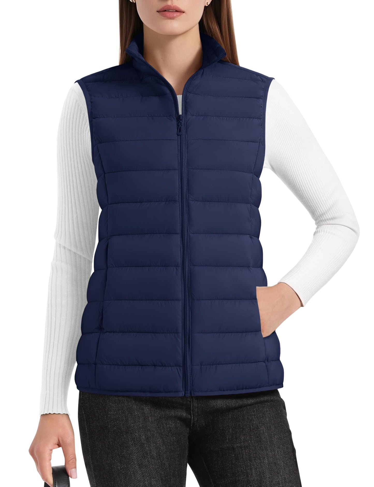 YUCOLEN Women's Puffer Vest Lightweight Trendy Stand Collar Quilted Padded Puffy Vests Sleeveless Jackets Fall Winter Outerwear Navy M