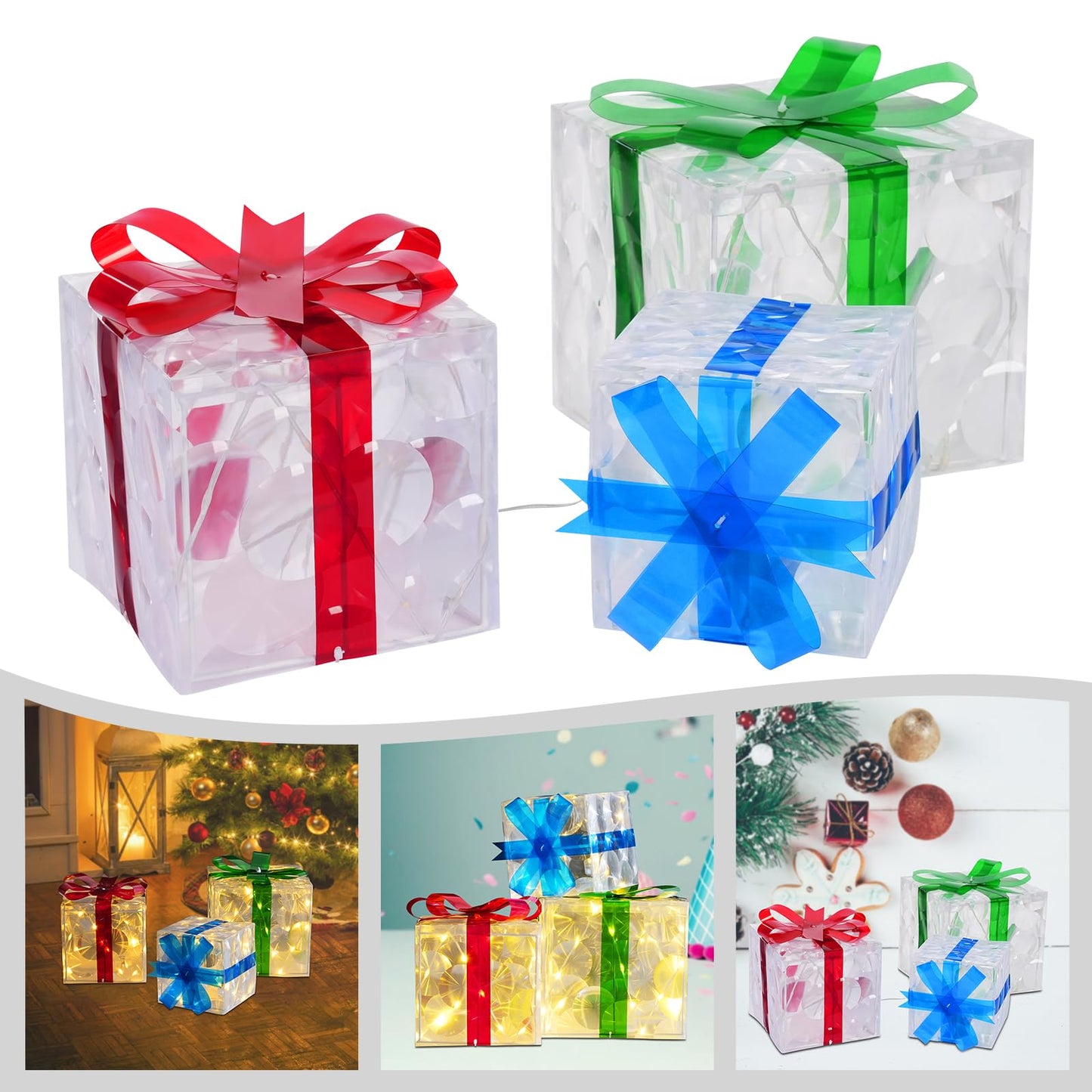 Set of 3 Christmas Lighted Gift Boxes Pre-Lit 60 LED Lights with Switch Outdoor Present Decorations Gift Box Ornament for Christmas Decorations