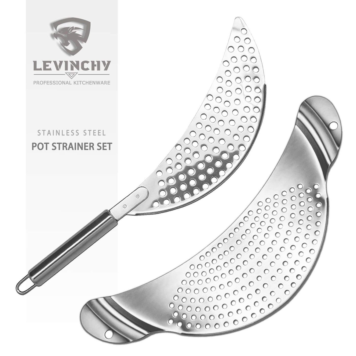 LEVINCHY Pot Strainer Set 2 Pieces Stainless Steel Strainers Set, Easy Draining Durable Dishwasher Safe, Work for All Cooking Kitchenware, Noodles Pasta Fruit Veggies Food Strainers