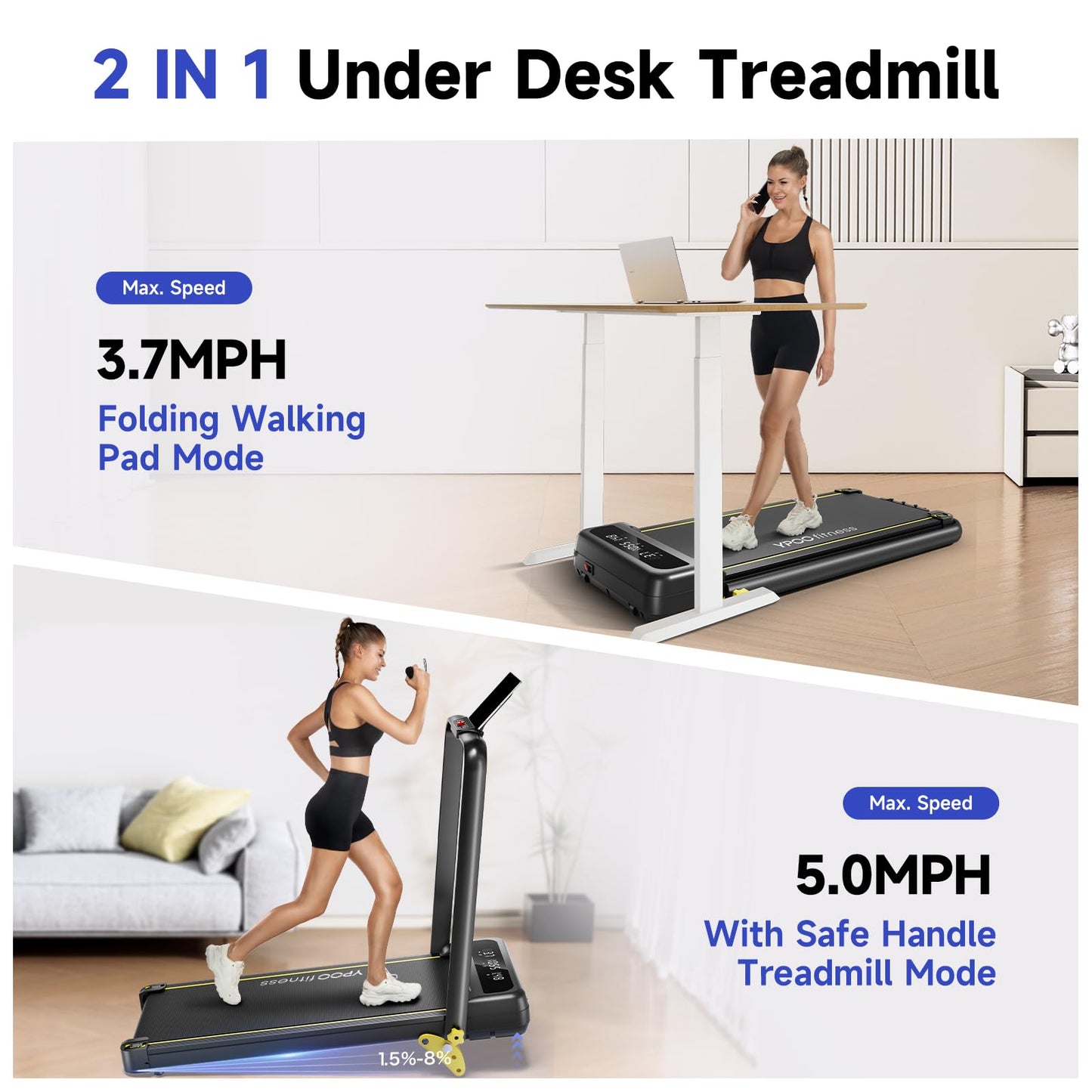 YPOO Foldable Treadmill with Incline, Walking Pad with Handle Bar 3 Level Incline, Portable Folding Treadmills for Home/Office 300 Lbs Capacity, Quiet Desk Treadmill with Remote Control & APP