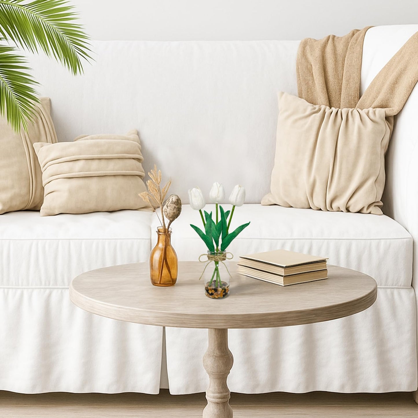 unlemoni 2 Packs Faux Flowers Artificial Tulips in Glass Vase with Faux Water Stone, Poly Foam White Fake Tulips Real Touch Flowers Arrangement for Home Kitchen Wedding Centerpiece Decoration