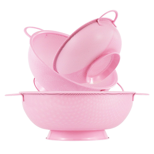 Stainless Steel Colander 3 Piece,Metal Strainer Basket with Solid Base and Handles for Kitchen Food,Pasta, Noodles, Vegetables and Fruits,Powder Coated,BPA Free,Dishwasher Safe,2 & 3 & 4.5 Qt (Pink)